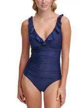 Load image into Gallery viewer, NWT DKNY Women's Swimwear Blue Ruffle Ruched One Piece Size L