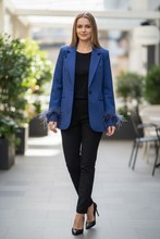 Load image into Gallery viewer, NWT WAYF Women Blue Romee Feather Trim Sleeve Single Breasted Blazer Jacket M