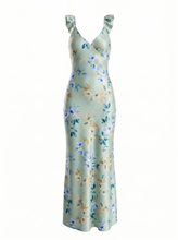 Load image into Gallery viewer, NWOT Lulus Captivating Grace Sage Green Floral Satin Ruffled Maxi Dress L