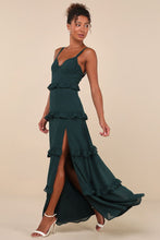 Load image into Gallery viewer, NWOT Lulus Sincerely Poised Emerald Backless Bustier Tiered Maxi Dress L