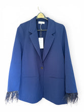 Load image into Gallery viewer, NWT WAYF Women Blue Romee Feather Trim Sleeve Single Breasted Blazer Jacket M