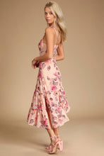 Load image into Gallery viewer, NWOT Lulus Tea Party Chic Pink Floral Print Tie-Strap Tiered Midi Dress M