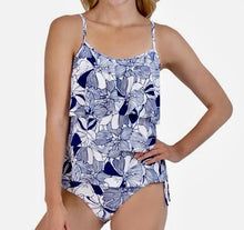Load image into Gallery viewer, NWT Stella Parker Blue & White 3 Tiered Tankini $99 Retail Medium