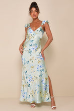 Load image into Gallery viewer, NWOT Lulus Captivating Grace Sage Green Floral Satin Ruffled Maxi Dress L