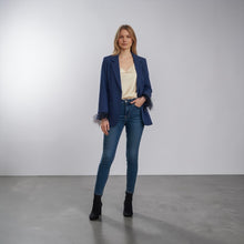 Load image into Gallery viewer, NWT WAYF Women Blue Romee Feather Trim Sleeve Single Breasted Blazer Jacket M