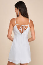 Load image into Gallery viewer, NWOT Lulus Mesmerizing Sweetie White Satin Rhinestone Cowi-Front Mini Dress M