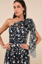 Load image into Gallery viewer, NWOT Whimsical Allure Navy Mesh Embroidered One-Shoulder Maxi Dress L