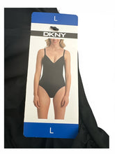 Load image into Gallery viewer, NWT DKNY Crossover Tummy Control Ruched One-Piece Swimsuit Black L