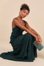 Load image into Gallery viewer, NWOT Lulus Sincerely Poised Emerald Backless Bustier Tiered Maxi Dress L