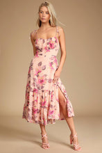 Load image into Gallery viewer, NWOT Lulus Tea Party Chic Pink Floral Print Tie-Strap Tiered Midi Dress M