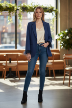 Load image into Gallery viewer, NWT WAYF Women Blue Romee Feather Trim Sleeve Single Breasted Blazer Jacket M