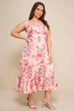 Load image into Gallery viewer, NWOT Lulus Tea Party Chic Pink Floral Print Tie-Strap Tiered Midi Dress M