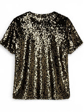 Load image into Gallery viewer, NWOT MICHAEL KORS Sequined Jersey Oversized T-Shirt Bk/Gold 1X
