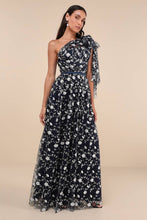Load image into Gallery viewer, NWOT Whimsical Allure Navy Mesh Embroidered One-Shoulder Maxi Dress L