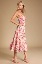 Load image into Gallery viewer, NWOT Lulus Tea Party Chic Pink Floral Print Tie-Strap Tiered Midi Dress M