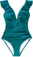 Load image into Gallery viewer, NWT CUPSHE Women's Ruffled One Piece Swimsuit V Neck Lace Up Bright Cyan L