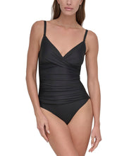 Load image into Gallery viewer, NWT DKNY Crossover Tummy Control Ruched One-Piece Swimsuit Black L