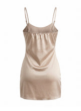 Load image into Gallery viewer, NWT Charmed Hearts Waiting All Night Satin Feather Dress Beige L