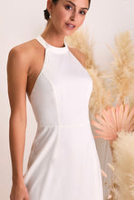 Load image into Gallery viewer, NWOT Radiant Adoration White Satin Lace Backless Halter Maxi Dress S
