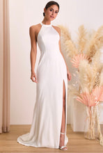Load image into Gallery viewer, NWOT Radiant Adoration White Satin Lace Backless Halter Maxi Dress S