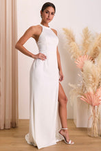 Load image into Gallery viewer, NWOT Radiant Adoration White Satin Lace Backless Halter Maxi Dress S