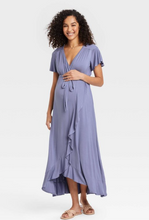Load image into Gallery viewer, NWT Ingrid & Isabel Lavender Ruffle Flutter Sleeve Faux Wrap Maternity Dress S