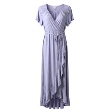 Load image into Gallery viewer, NWT Ingrid & Isabel Lavender Ruffle Flutter Sleeve Faux Wrap Maternity Dress S