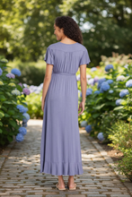 Load image into Gallery viewer, NWT Ingrid & Isabel Lavender Ruffle Flutter Sleeve Faux Wrap Maternity Dress S