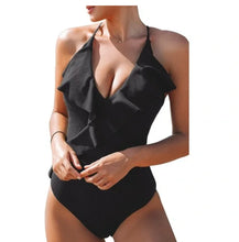 Load image into Gallery viewer, Cupshe Women's Swimwear Black Ruffled One Piece Swimsuit Neckline Monokini L