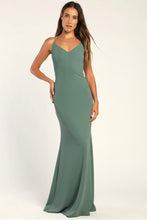 Load image into Gallery viewer, NWOT Moments Of Bliss Dusty Seafoam Backless Mermaid Maxi Dress XS