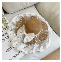 Load image into Gallery viewer, AD Women's Lace Bowknot Straw Hat, Wide Brim Wave Edge Sun Protection Beach Cap