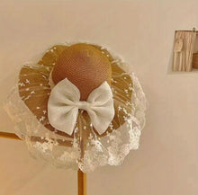 Load image into Gallery viewer, AD Women's Lace Bowknot Straw Hat, Wide Brim Wave Edge Sun Protection Beach Cap
