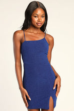 Load image into Gallery viewer, Lulus Take Me Anywhere Cobalt Sparkly Asymmetrical Bodycon Mini Dress M
