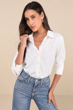 Load image into Gallery viewer, NWOT Lulus Upscale Composure White Long Sleeve Pearl Trim Button-Up Top S