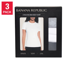 Load image into Gallery viewer, Banana Republic Women's Ribbed Crewneck T-Shirt, 3-pack Grey, White, Bk L