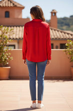 Load image into Gallery viewer, A new day ong Sleeve Collared Satin Button Down Shirt Scarlet Red. XS