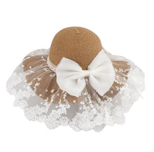 Load image into Gallery viewer, AD Women's Lace Bowknot Straw Hat, Wide Brim Wave Edge Sun Protection Beach Cap
