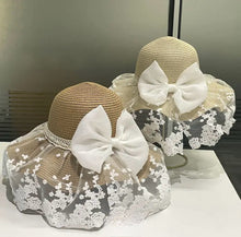 Load image into Gallery viewer, AD Women's Lace Bowknot Straw Hat, Wide Brim Wave Edge Sun Protection Beach Cap