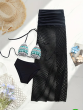 Load image into Gallery viewer, Andrea's Deals Tribal Swimwear 3 Piece Triangle Halter Tie Strap Backless Bikini Set & Skirt Coverup Black M