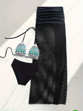 Load image into Gallery viewer, Andrea's Deals Tribal Swimwear 3 Piece Triangle Halter Tie Strap Backless Bikini Set & Skirt Coverup Black M