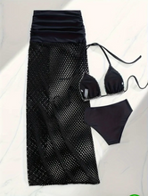 Load image into Gallery viewer, Andrea's Deals Tribal Swimwear 3 Piece Triangle Halter Tie Strap Backless Bikini Set & Skirt Coverup Black M