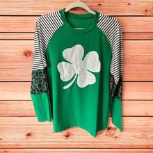 Load image into Gallery viewer, Women's St Patrick's Day T-Shirt Long Sleeve Glitter Lucky Irish Shamrock L
