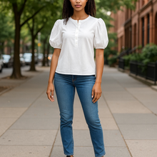 Load image into Gallery viewer, J Crew Vintage rib puff-sleeve henley top White M