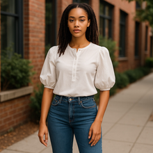 Load image into Gallery viewer, J Crew Vintage rib puff-sleeve henley top White M