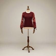 Load image into Gallery viewer, Sioni Milano Burgundy Illusion Sheer Floral Embellished Sleeve Sweater Small