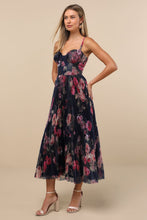 Load image into Gallery viewer, NWOT Lulus Alluring Invite Midnight Blue Floral Pleated Bustier Midi Dress M
