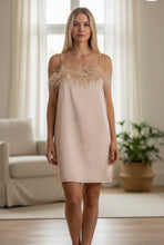 Load image into Gallery viewer, NWT Charmed Hearts Waiting All Night Satin Feather Dress Beige L
