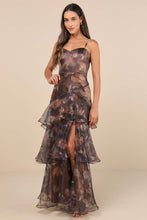 Load image into Gallery viewer, NWOT Lulus Exquisite Finesse Brown Floral Organza Ruffled Maxi Dress XL
