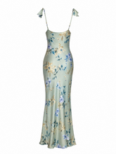 Load image into Gallery viewer, NWOT Lulus Captivating Grace Sage Green Floral Satin Ruffled Maxi Dress L
