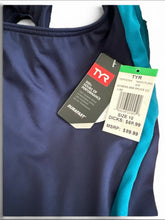 Load image into Gallery viewer, NWT TYR Women's Maxfit Splice One-Piece Swimsuit Navy/Turquoise 10
